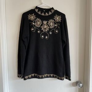 VTG P.S.E Silk Wool Angora Gold Beaded Sweater Sz M Black Retro